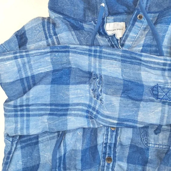 American Eagle Hooded Plaid Flannel Shirt SP Blue Button Up Hoodie Top - Picture 6 of 16
